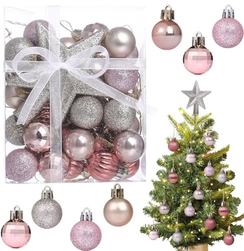 LIHAO 30pcs Boules de Noël en Plastique, Mini Boules Ø3CM pour Decoration Ornement de Sapin de Noël, Décorations de Noël Intérieure ou Extérieure - Or Rose