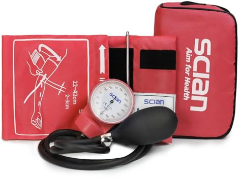 SCIAN Esfigmomanómetro Manual Aneroide, Tensiómetro de Brazo Manual Profesional, Brazalete Universal 22-42cm, para Uso Médico y Doméstico con Bolsa de Transporte (Rojo)