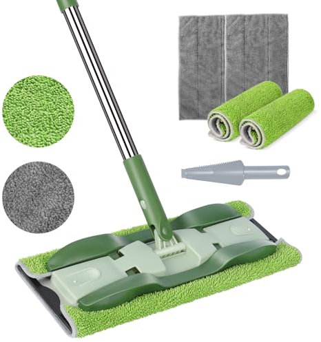 Myiosus Serpillère Plat, Balai Serpillère en Microfibre avec 4 Tampons Lavables, Manche de 150cm pour Le Nettoyage des Sols, Mop Serpillière Sèche et Humide pour Bois Dur, Stratifié, Carrelage