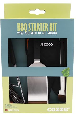 Cozze® Juego de Cubiertos para Barbacoa – Juego de 4 Piezas para Barbacoa de Acero Inoxidable con Pinzas de Barbacoa, espátula, Cepillo para Barbacoa y Guante para Barbacoa – Accesorio de Barbacoa de