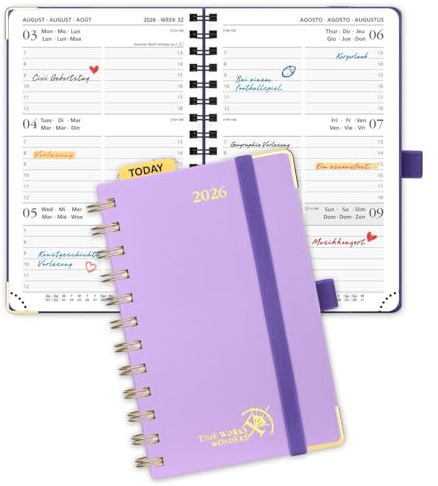 POPRUN Kalender 2026 Klein 16 x 10,5 cm (Jan.2026-Dez.2026) - Taschenkalender 2026 Klein Ringbuch mit Hardcover - Terminplaner, Wochenplaner mit Vergoldete Schutzecken - Violett