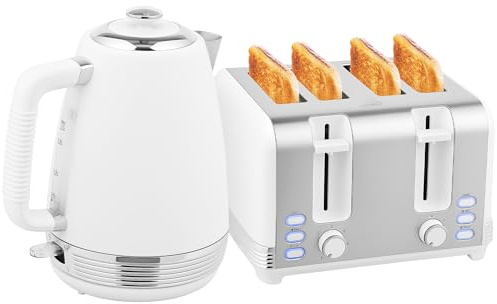 HOMCOM Stainless Steel Kettle and Toaster Set, 1.7L 3000W Rapid Boil Jug Kettle with UK Strix Thermostat, Limescale Filter, 4 Slice Toaster with 7 Browning Controls, Crumb Tray, White and Silver Tone