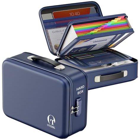 Oterri Fireproof Document Box, Hard Case File Box with Lock, Upgraded 8 Layers Large File Organizer, Water Resistant Safe Document Storage for Important Certificates, Dark Blue