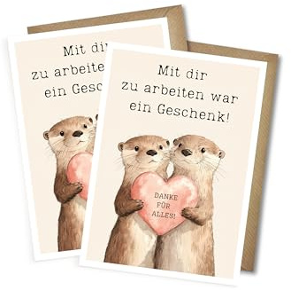 WBdesignz 2er-Set Abschiedskarten „Mit dir zu arbeiten war ein Geschenk!“ – Dankeskarten Ottern & Herz – Abschied Kollegin Kollege Büro Jobwechsel – mit Umschlägen DIN A6 (2er-Set)