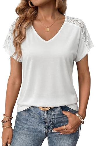 Aottori Womens Summer T Shirt V Neck Lace Shoulder Stretch Fit Casual Tunic | Short Sleeve Design Lace Shoulder Detail Stretch Fabric Loose Fit Shape for Summer Casual Wear V Neck Detail Patchwork Detail
