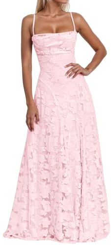 Générique Robe de Demoiselle d'honneur en Dentelle Florale Jacquard élégant Corset Bretelles Spaghetti Dos Nu Mousseline Robe de Bal Formelle pour Femme