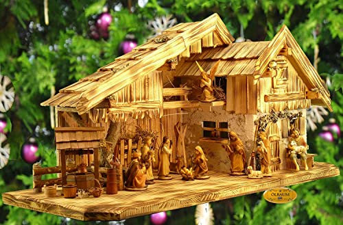 BTV Krippenstall KA70-ng-MFHO-ALP WeihnachtsKrippe + DekoÖlbaum,Massivholz edel GEFLAMMT - mit großen 13 x Premium-Krippenfiguren in Echtholz-Optik GEBEIZT beige-braun + Engel - Krippe + Dekomit