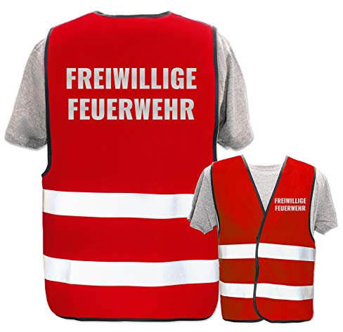 Bedruckte Marken-Warnwesten mit Leuchtstreifen * Standard- o. Reflex-Druck * Einsatzkräfte, Warnweste Begriffe Einsatzkräfte:Freiwillige Feuerwehr (Reflektierend), Farbe + Größe:Rot (M/L)