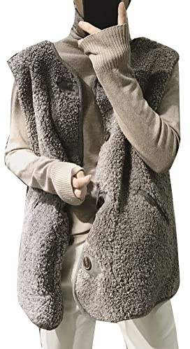 Dam lättviktig chic ärmlös jacka i fuskpäls trendig lammullsväst halvlängd vinter varm fleeceväst Sherpa Outwear Waistcoat med ficka, Kaffe, M