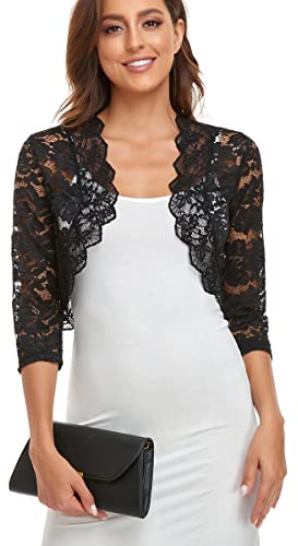 PEIQI Women's 3/4 Sleeve Sheer Crochet Lace Bolero Shrug Cropped Cardigan Black XX-Large