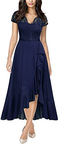 MIUSOL Women's Elegant V-Neck Lace Evening Formal Party Wedding Guest Long Dress (Medium, Navy Blue)