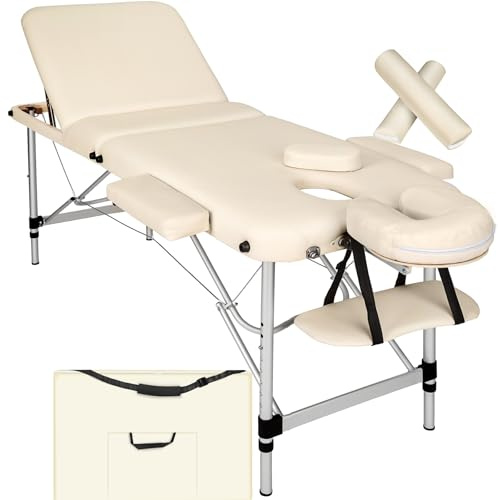 tectake® Table de Massage Pliante Professionnelle 3 Zones Massage et Relaxation Cadre en AluminiumTable Esthetique Professionnel Lit de Massage Portable à roulettes, Accessoires Inclus - Beige