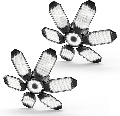 POLARPRA Garage Lights - 2Pack Super Bright 32000LM LED Garage Ceiling Light 6500K LED Shop Light w/ 6 Deformable Panels Screw in E26/E27 Socket Light Bulbs for Workshop Storage Warehouse Attic