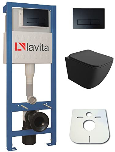 Domino Lavita Vorwandelement inkl. Drückerplatte + Wand WC LINO BLACK ohne Spülrand + WC-Sitz mit Soft-Close-Absenkautomatik (Drückerplatte RB) Toilette Komplett Sett WC