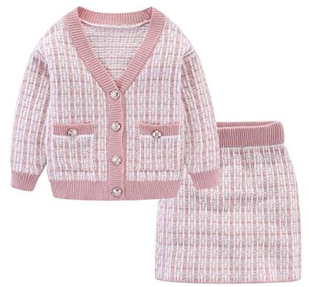 Mud Kingdom Tenue 2 pièces en tricot torsadé à carreaux pour petite fille de 7 à 8 ans, pull boutonné, cardigan et jupe trapèze, rose, Plaid rose., 7-8 ans
