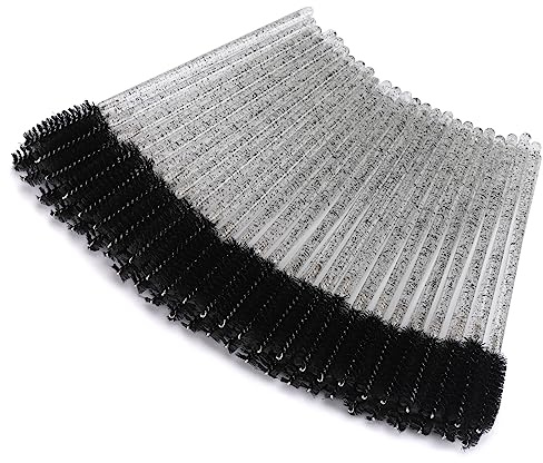 Tbestmax 50 Pcs Disposable Mascara Wands, Crystal Eyebrow Spoolies Brush for Eyelash Extensions, Black Eye Lash and Makeup Brush