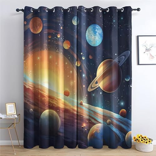 SZLYZM Vorhänge Galaxie, Verdunkelungsvorhang 2er Set - Vorhang Blickdicht Weltraum Planeten Muster, Thermovorhang für Deko Wohnzimmer Schlafzimmer Kinderzimmer, Gardinen mit Ösen 220x140 cm (H X B)