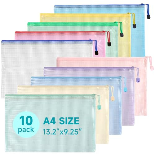 Bolsas con Cremallera, Mutsitaz 10 Piezas Bolsa de Archivo A4,Carpetas para Archivo de plástico con Malla para Recibos, Oficina, Viaje, Escolar, 10 Colores
