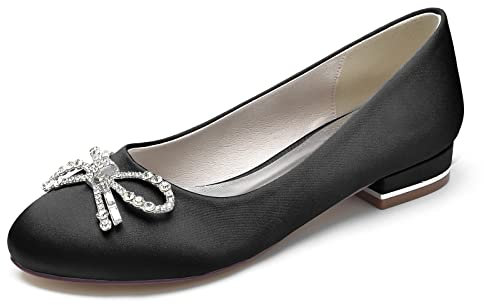 JZWBLDS Formal Flats for Women Mary Jane Shoes Satin Wedding Shoes for Bride Slip on Round Toe Ballet Flat,Black,5 UK