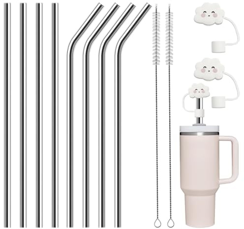 Realjoy 8 Pezzi Cannucce Riutilizzabili, 31.5cm/12.4in Cannucce Acciaio con 2 Spazzole per la Pulizia e 2 Coperchi con Cannuccia, Cannucce Metallo per Stanley Cup 40oz,Cocktail,Caffè,Succhi