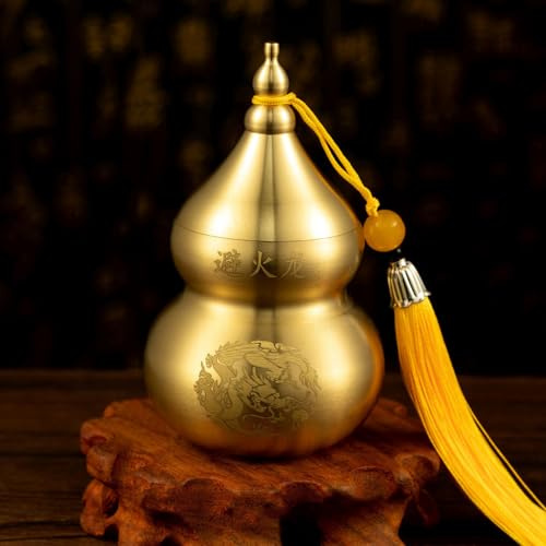 Feng Shui Chino Brass Hu Lou Pumpkin Statue Brass Wu Lou Cucurbit Home Decoration Table Bookshelf Ornaments Lucky Protection Figure Happy Hu Lu Retro Wu Lou Lucky Amulet Charm for Office (Yellow)