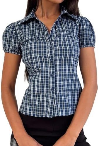 YILEEGOO Chemise basique boutonnée à manches courtes et col à revers pour femme - Chemisier serré à nouer dans le dos - Coupe ajustée - Chemise d'été de bureau, Bleu à carreaux, M
