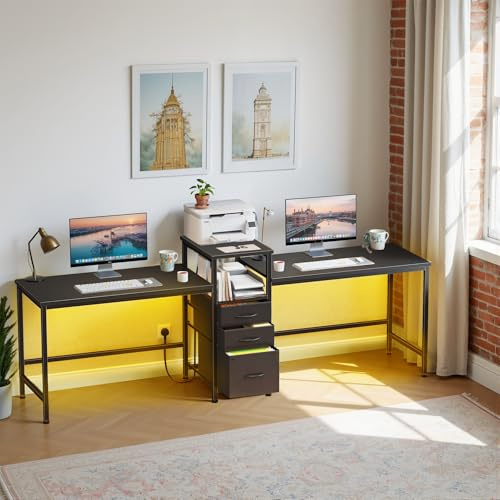 OYRREU 236 cm Scrivania Doppia con Stazione di Ricarica, Scrivania per Computer a LED con Cassetti e Ripiano per Stampante, Scrivania per Ufficio Domestico, Tavolo da Lavoro per PC da 2 Persone
