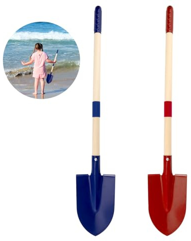 Lyreh 2pcs Pelle à Sable Enfant, Amovibles avec Manche en Bois et Poignée en Plastique Pelle de Jardin pour Tout-Petits Jouets de Plage pour Creuser & Activités Plein Air (Rouge et Bleu)