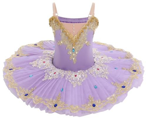 IDOPIP Kid Girls Ballet Dress Pancake Dance Performance Tutu Dress Pearls Rhinestone Floral Embroidery Lace Little Swan V Neck Spaghetti Straps Ballerina Costume Purple 130