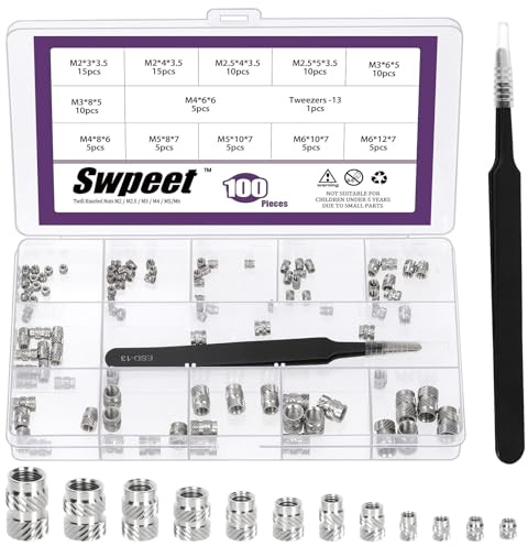 Swpeet 101Pcs 12 Sizes M2 M2.5 M3 M4 M5 M6 303 Stainless Steel Threaded Insert Assortment Kit, Female Thread Knurled Nuts, Heat Set Insert, Embedment Nuts for 3D Printing Hydraulic Welded Injection