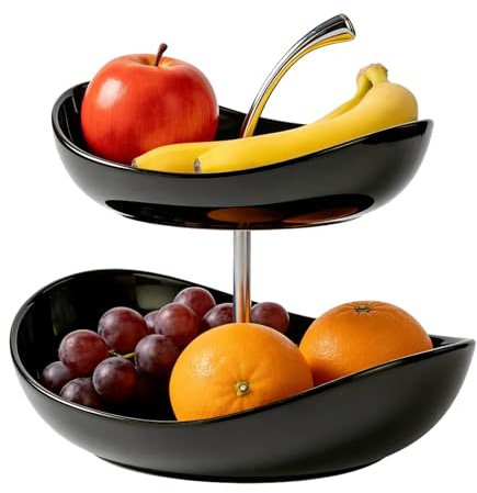 Cuenco de frutas de 2 niveles de cerámica multicapa para servir, soporte de frutas desmontable, soporte de frutas para encimera de cocina, cesta de alimentos de plástico para cocina, fiesta