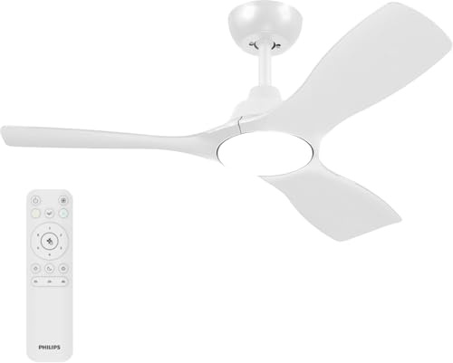 Philips Olas Ventilador de Techo con Luz LED, 3 aspas Fijas, Diámetro 107 cm, 2650 Lúmenes, Luz Blanca Ajustable de 3000 K a 6500 K, Regulable al 5%, Mando a Distancia Incluido, Blanco