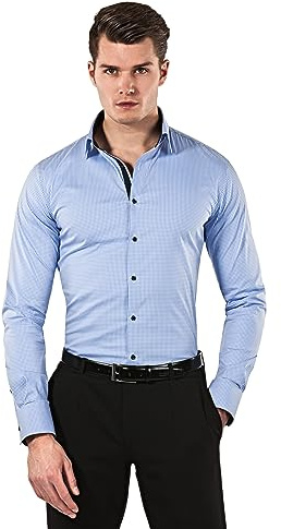 Vincenzo Boretti Chemise Homme, Coupe particulièrement cintrée Body-fit, élastique-défroissable, mélange de Coton, Manches-Longues, col Kent, à Carreaux - Facile à Repasser Bleu 41-42