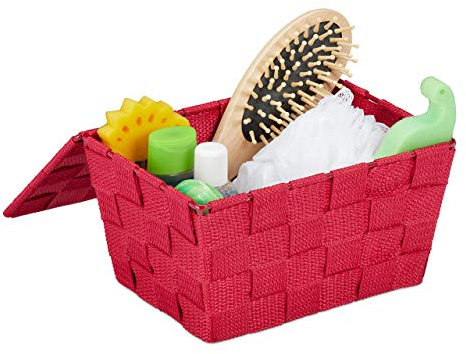 Relaxdays Aufbewahrungskorb mit Deckel, Flechtoptik, Bad Organizer HxBxT: 10,5 x 19,5 x 14,5 cm, Kunststoff, Bordeaux