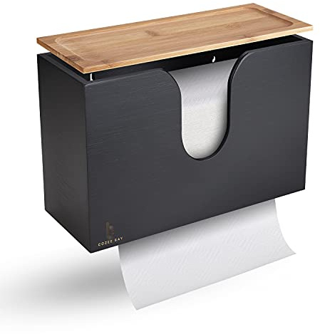 Cozee Bay Bamboo Paper Towel Dispenser/Holder with Lid for Home and Commercial, Wall Mount or Countertop for Multifold, C Fold, Z fold, Trifold Hand Towels (Black)
