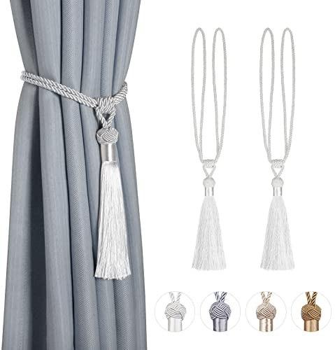 Dalababa 2 Stück Vorhanghalter Raffhalter Gardinenhalter Polyester Baumwoll Seil mit Quaste Vorhang Tiebacks Dekorative Fenster Einfarbig Gardinen Zubehör,Weiß