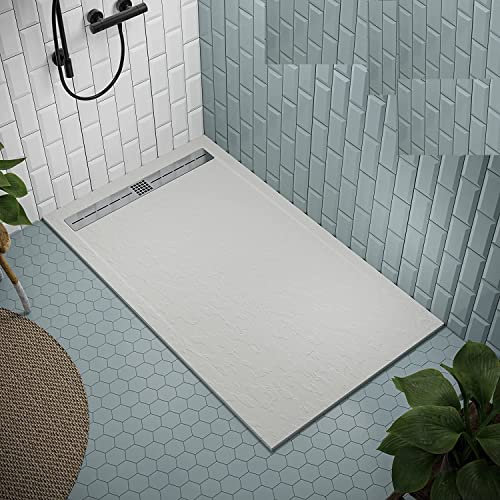 Plato de ducha de mineralmármol blanco superficie efecto piedra pizarra, serie Cannes, slim 3 cm, revestido de Gelcoat, antideslizante