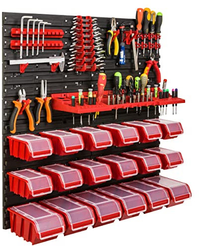 Système de rangement Étagère d'atelier | 78 x 78 cm | Boîte de 18 pièces | Étagère murale avec supports à outils et boîtes empilables - Plaques murales extra solides - Étagère murale perforée -