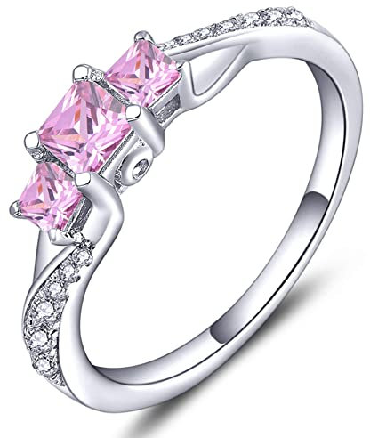 YL Verlobungsring 925 Sterling Silber Prinzessin geschnitten Oktober Geburtsstein Turmalin Rosa 3 Stein Ehering für Damen Braut(Größe 54）
