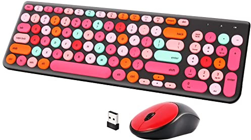 Wireless Keyboard and Mouse Combo, Retro Typewriter Keyboard with Round Keycaps, 2.4GHz USB Cute Wireless Keyboard Mouse for Computer, Desktop, Laptop and Computer (Black-Colorful)