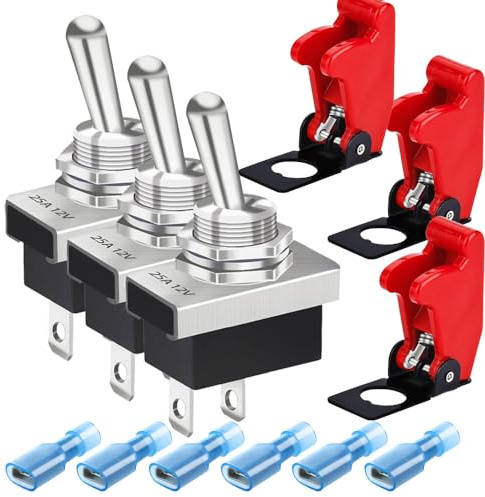 Gebildet 3PCS Metal Toggle Switch 25A 12VDC/15A 24VDC/10A 250VAC/15A 125VAC SPST ON/Off 2Pin 2 Position Rocker Switch with Safety Cover for Auto Car KN3D-101