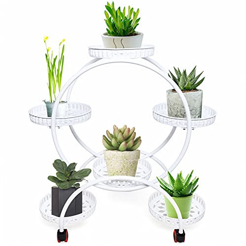 Support pour plantes en métal, étagère à fleurs à 6 pots, étagère à plantes intérieure et extérieure avec roue pour plusieurs plantes, support de fleurs pour terrasse, jardin, salon, balcon d'angle et