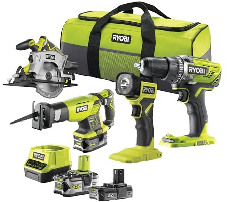 Ryobi RCK184-252S Kit 18V One+ 4 Utensili Trapano Avvitatore Sega Circolare Sega Dritta a Gattuccio Torcia a Led Due Batterie Da 2 e 5 Ah e Borsa Per il Trasporto