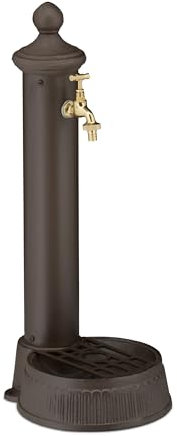 Relaxdays Standbrunnen antik, mit Wasserhahn & Becken, HxBxT: 65 x 25 x 30 cm, Wasserzapfsäule Garten, Terrasse, braun