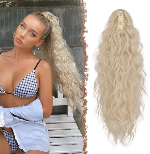 FESHFEN Coda Capelli Extension con Pinza Lunga Ondulati Ricci Posticci Sintetici Finta Lunghe Ponytail Coda Cavallo Extensions per Donna, 65 cm Biondo Platino