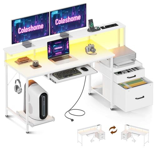 Coleshome Gaming Tisch mit LED, 140x48cm Schreibtisch mit Stoff Schubladen Computertisch mit 2 Steckdosen&2 USB Anschlüssen, Gaming Schreibtisch mit Monitorständer für Home Office, Weiß