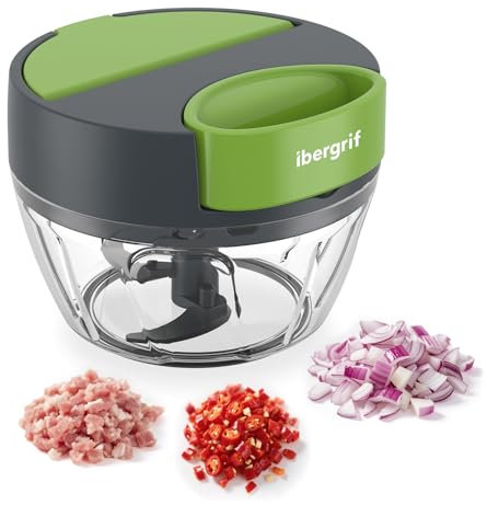 Ibergrif M502 Picadora Manual con Cuerda, Picadora de Verduras Multifuncional, Vegetable Chopper con Puerto de Alimentación, Sin BPA, Picadora de Alimentos Easy Pull para Verduras carne Nueces