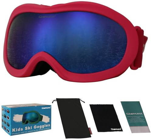 OUTDOORSPARTA Gafas de esquí para niños, casco de snowboard, compatibles con niños y niñas, edad 3-12, con protección UV 100% (10. Marco Rosado, Lente Completa Azul Espejo)