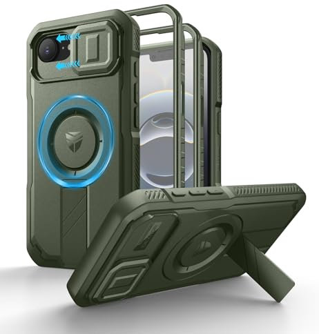 Dexnor Coque Compatible avec iPhone 16E Magnétique avec Couverture de Caméra Coulissante & Support Réglable & Film de Protection D'écran Intégré, Boîtier de Pare Chocs Robuste - Vert Militaire