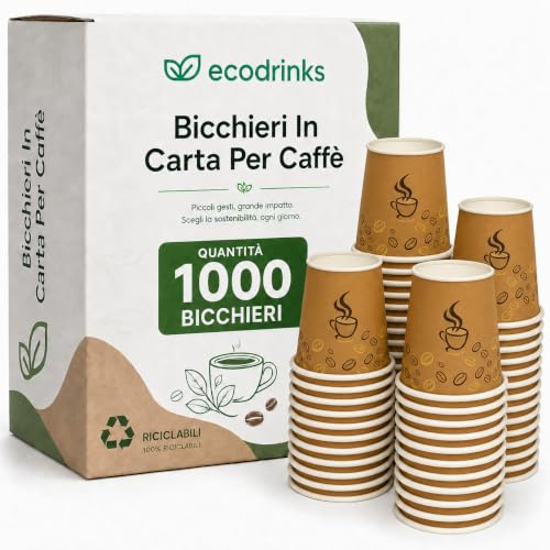 1000 Bicchieri Caffe Carta Da 75ml - Set Bicchierini caffè Monouso per Bevande Calde/Fredde - Biodegradabili, Eco-friendly e Made in Italy, Marrone